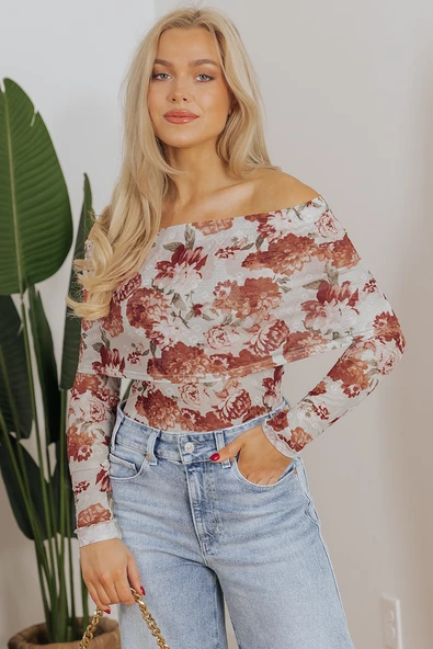 Çiçek Desenli Uzun Kollu Kadın Bodysuit (Pembe)