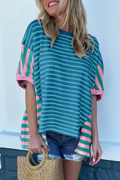 Kadın Mavi Çizgili Renk Bloklu Patchwork Bol T-Shirt (Mavi Çizgili)