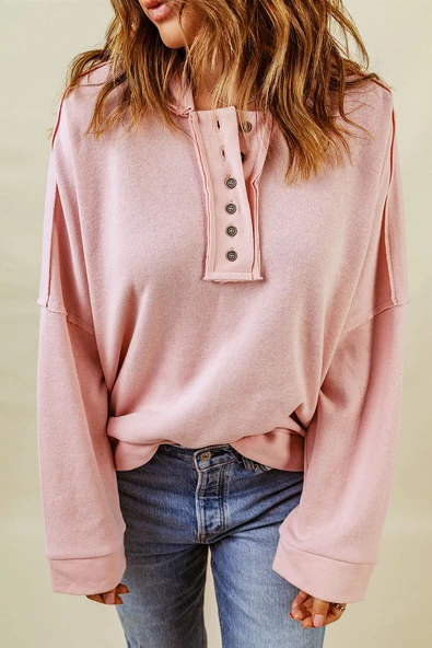 Kadın Düğmeli Kapüşonlu Sweatshirt (Pembe)