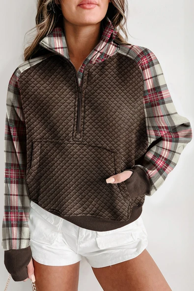 Kadın Ekose Desenli Sweatshirt (Haki Baskılı)