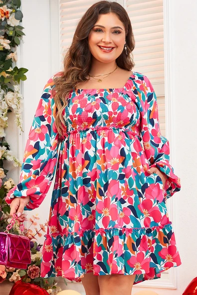 Çiçek Desenli Kare Yaka Smock Detaylı Elbise (Gül)