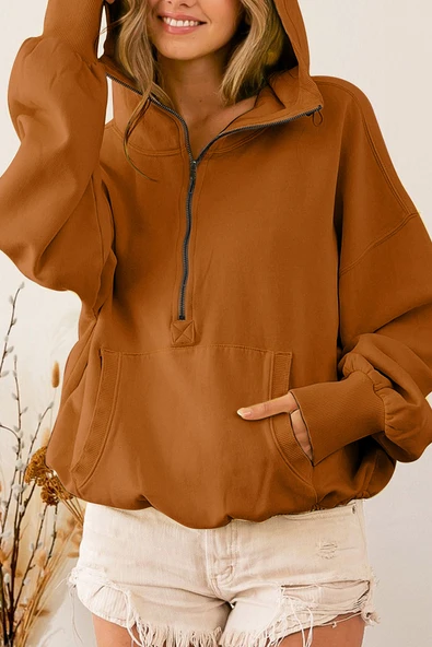 Kadın Fermuarlı Kapüşonlu Sweatshirt (Kahverengi)