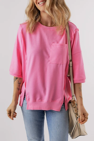 Kadın Dikiş Detaylı Cepli T-Shirt (Bonbon)