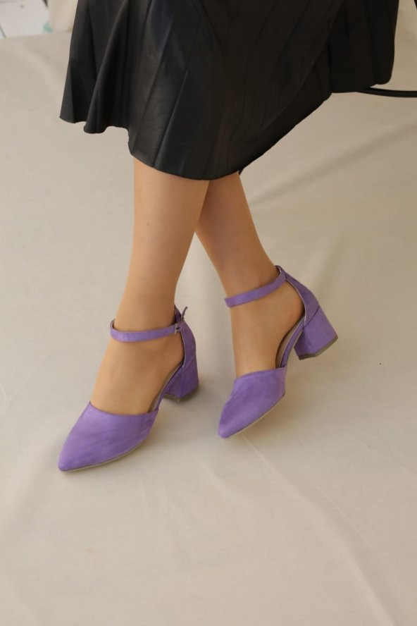 Merve BAŞ®  Kadın Lila Süet Tek Bant Kalın Topuklu Klasik Ayakkabı  39 LİLA