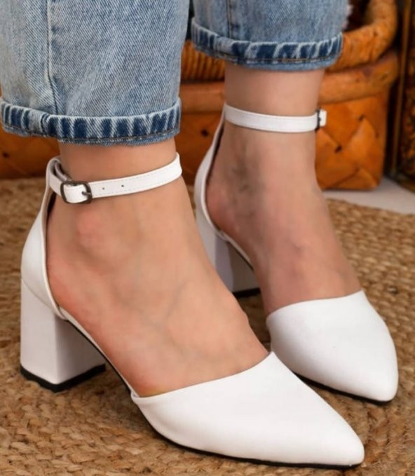 Merve BAŞ®  Kadın Lila Süet Tek Bant Kalın Topuklu Klasik Ayakkabı  40 Beyaz