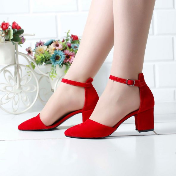 Merve BAŞ®  Kadın Lila Süet Tek Bant Kalın Topuklu Klasik Ayakkabı  39 kırmızı