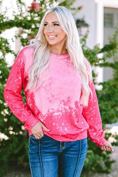 Kadın Batik Desenli Uzun Kollu Sweatshirt (Gül Rengi)