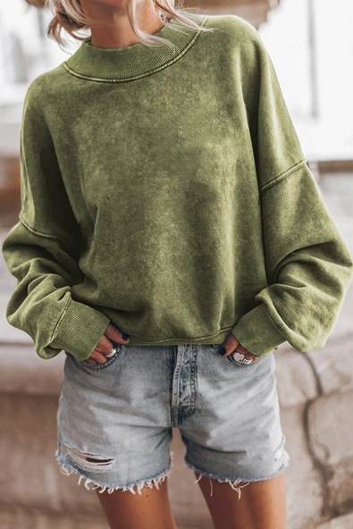 Kadın Yeşil Bisiklet Yaka Uzun Kollu Sweatshirt (Yeşil)