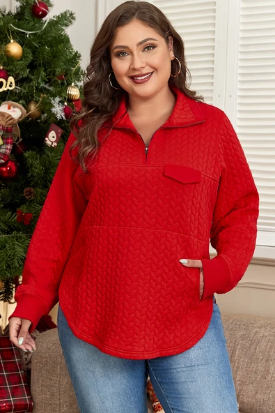 Kadın Kablo Desenli Fermuarlı Cepli Büyük Beden Pullover (Domates Kırmızısı)