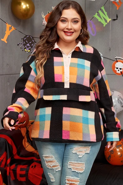 Ekose Desenli Sherpa Sweatshirt (Siyah)