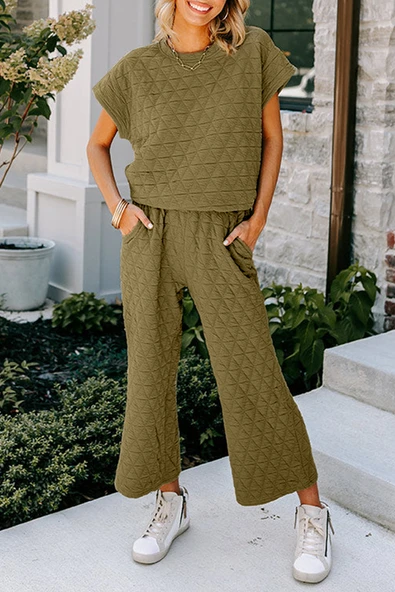 Kadın Kısa Kollu Geniş Paça Pantolon Takımı (Adaçayı Yeşili)