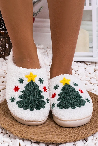 Kadın Noel Ağacı Desenli Ev Terliği (Beyaz)
