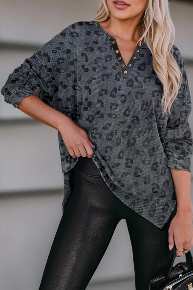 Kadın Leopar Desenli V Yaka Sweatshirt (Gri)
