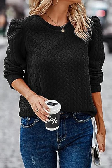 Kadın Kabartmalı Uzun Kollu Sweatshirt (Siyah)