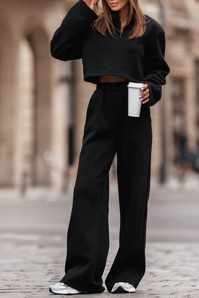 Kadın Fermuarlı Crop Top ve Geniş Paça Pantolon Takımı (Siyah)