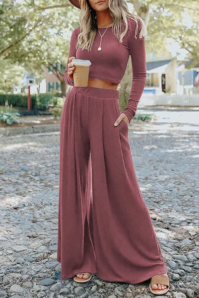 Kadın Fitilli Crop Top ve Uzun Pantolon Takımı (Pembe)