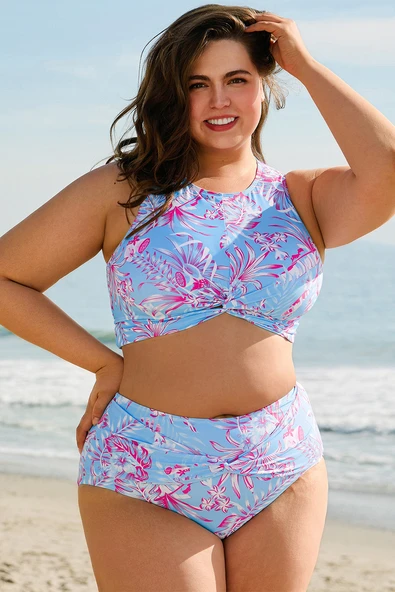Büyük Beden Çiçek Desenli Bikini Takımı (Gök Mavisi)