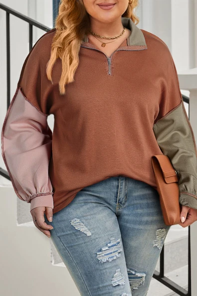 Büyük Beden Renk Bloklu Fermuarlı Sweatshirt (Altın Alev)