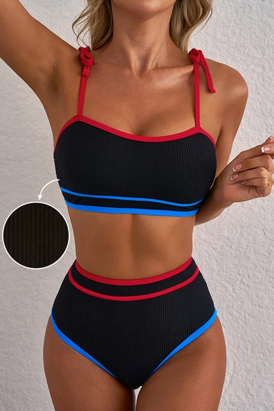 Yüksek Bel Bikini Takımı - Üç Renkli Şeritli (Siyah)