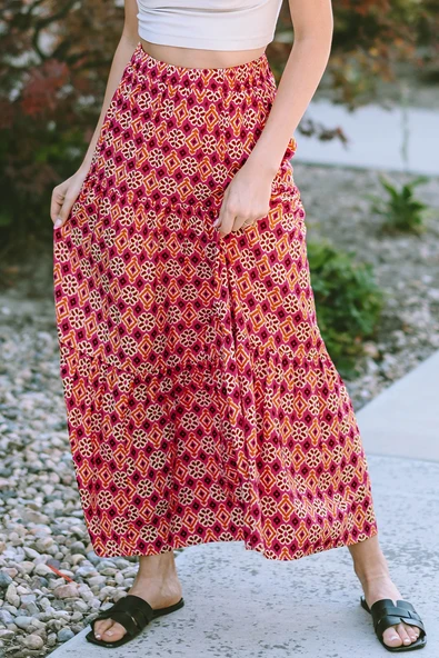 Kadın Boho Çiçek Desenli Maxi Etek (Gül Rengi)
