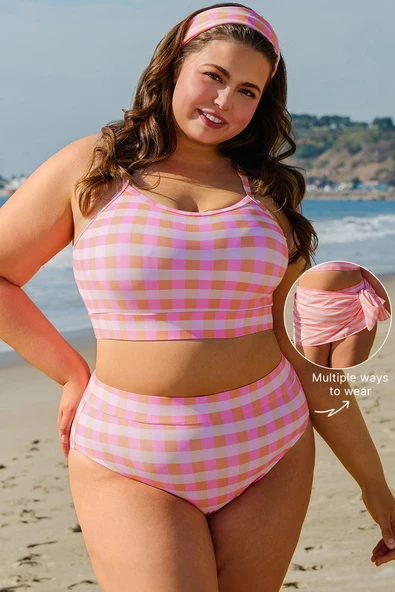 Ekose Desenli Yüksek Bel Bikini Takımı (Pembe)