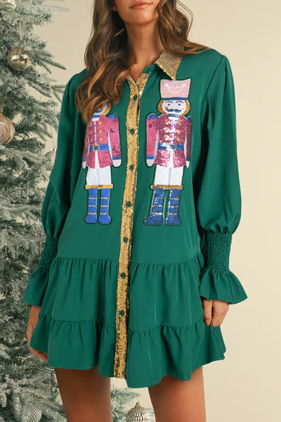 Noel Temalı Uzun Kollu Mini Elbise (Yaprak Dökmeyen Yeşil)