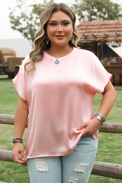 Kadın Pembe Metalik Parlak Kısa Yarasa Kol Bluz (Pembe)