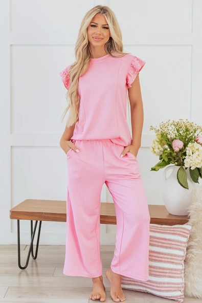 Kadın Dokulu İnci Detaylı Fırfırlı Kol Pantolon Takımı (Pembe)