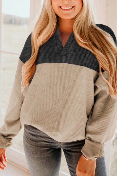 Kadın V Yaka Bloklu Sweatshirt (Karbon Gri)