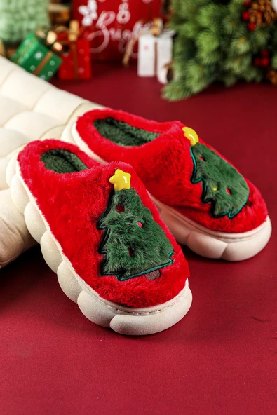 Kadın Noel Ağacı Desenli Peluş Terlik (Ateşli Kırmızı)