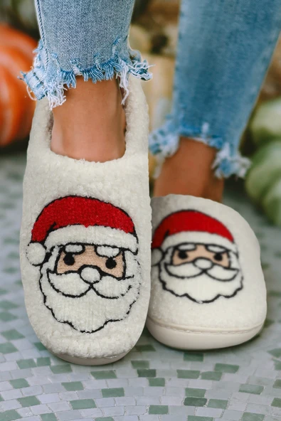 Kadın Noel Baba Desenli Peluş Terlik (Beyaz)
