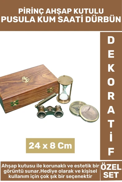 Yüksek Kaliteli Hediyelik Dekoratif Koleksiyon Ahşap Kutu Pirinç Pusula Dürbün Kum Saati Premium Set ürün görseli