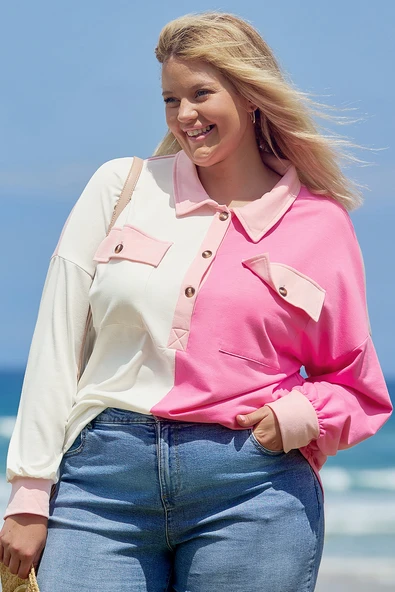 Kadın Renk Bloklu Cepli Sweatshirt (Bonbon)