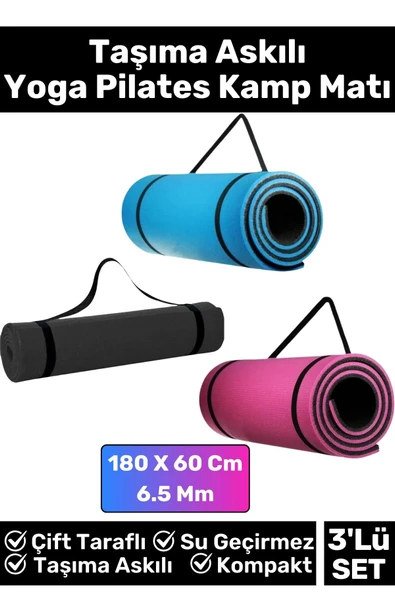 Özel Çift Taraflı Kaymaz Silinebilir Yoga Meditasyon Fitness Kamp Minderi 6.5 Mm Askılı Mat 3'lü Set