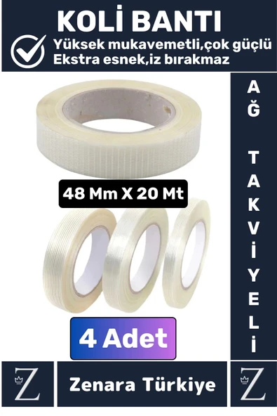 Premium Yüksek Mukavemetli İz Bırakmaz İp Ağ Takviyeli Çok Güçlü Lifli Kopmaz Koli Bandı 20 Mt X4 Ad