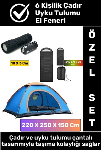 Premium Deprem Kamp Seti 6 Kişilik Çantalı Su Geçirmez Çadır 1 Adet Uyku Tulumu Pilli El Feneri