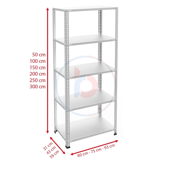5 Katlı Galvaniz Çelik Raf - Depo, Arşiv, Kiler, Dosya, Market Rafı  43x93 cm 200 cm 0.70 mm - 2