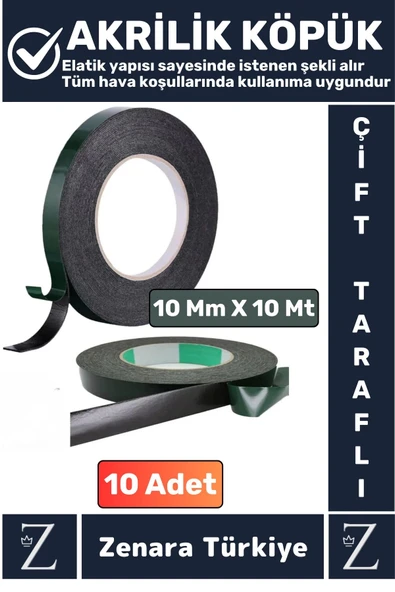 Ultra Güçlü İz Bırakmaz Elastik Kolay Şekil Alan Çift Taraflı Akrilik Köpük Bant 10Mm-10Metre 10Adet
