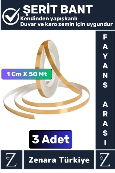 Premium Kendinden Yapışkanlı Su Geçirmez Fayans Arası GOLD Şerit Derz Bant 1 Cm X 50 Metre 3 Adet