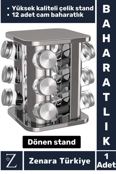 Premium Dayanıklı Çelik Mutfak Kuru Gıda Bakliyat Baharat 12 Cam Şişeli Dönen Baharatlık Standı