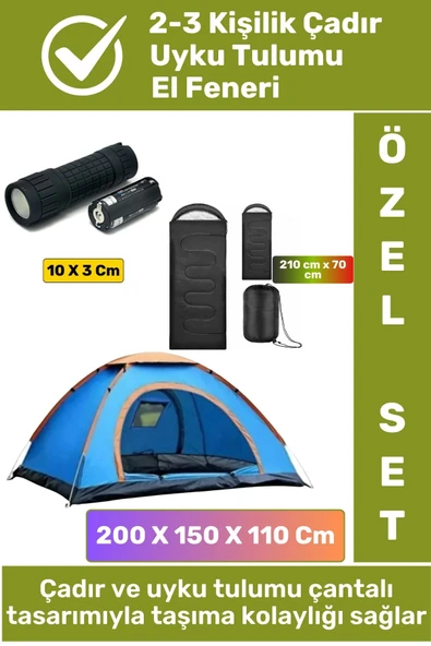 Premium Deprem Kamp Seti 2-3 Kişilik Çantalı Su Geçirmez Çadır 1 Adet Uyku Tulumu Pilli El Feneri