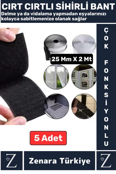 Montaj Gerektirmeyen İz Bırakmaz Süper Güçlü Çok Amaçlı Cırt Cırtlı Sihirli Bant 25Mm X 2Metre 5Adet