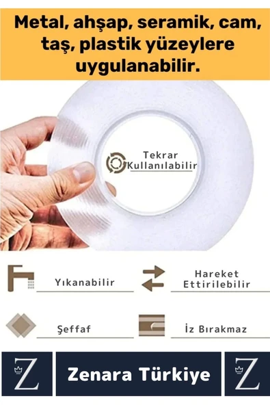 Premium Güçlü Yüksek Mukavemetli 60 Kg Kapasite Nano Çift Taraflı Doku Şeffaf Bant 3 Metre X 3 Adet - 2