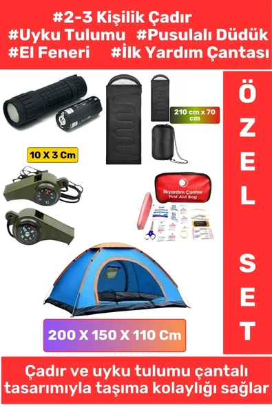 Premium 5 Parça Deprem Çantası İçi 2-3 Kişilik Çadır Uyku Tulumu İlk Yardım Çantası El Feneri Düdük