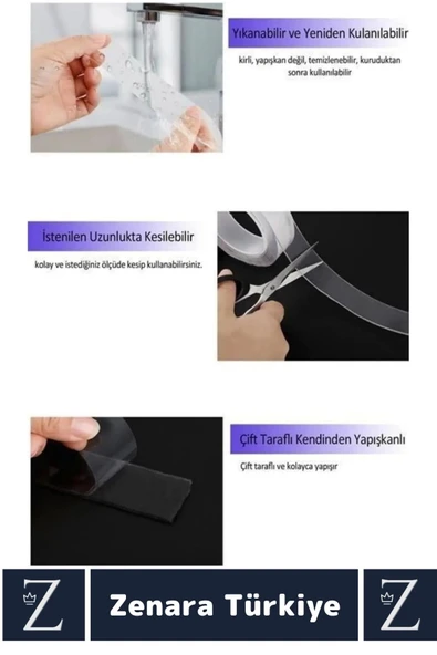 Premium Ultra Güçlü Yüksek Mukavemetli 60 Kg Kapasiteli Nano Çift Taraflı Doku Şeffaf Bant 3 Metre - 3