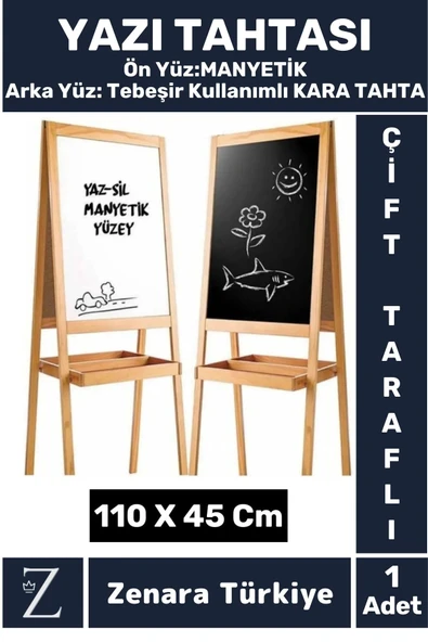Premium Kalem Silgi Tebeşir Çift Taraflı Manyetik Kara Tahta Ayaklı Ahşap YAZI TAHTASI 110 X 45 Cm
