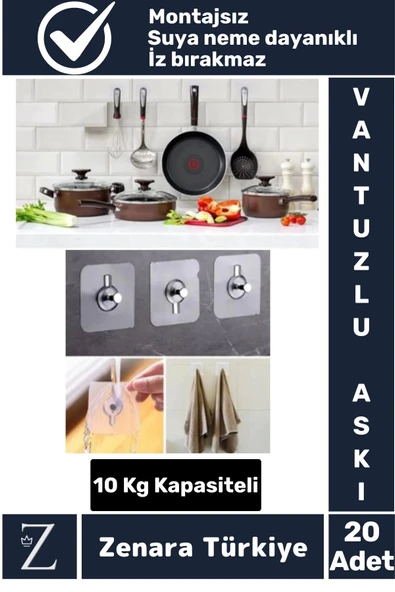 Premium Suya Neme Ekstra Dayanıklı Montajsız Banyo Mutfak Ultra Güçlü Vantuzlu Askı 20 Adet - 1