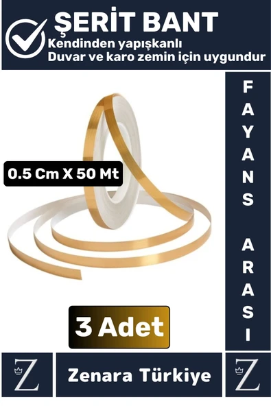 Premium Kendinden Yapışkanlı Su Geçirmez Fayans Arası GOLD Şerit Derz Bant 0.5 Cm X 50 Metre 3 Adet