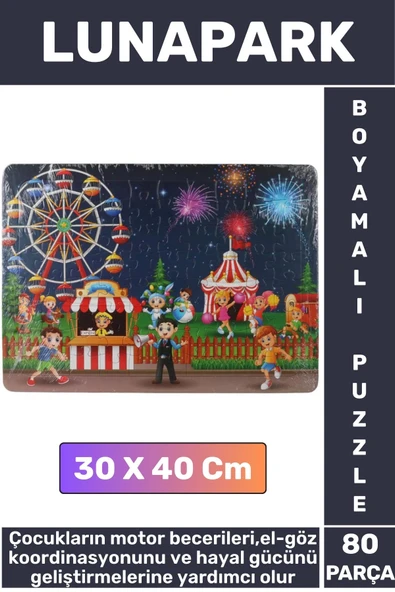 Premium Eğlenceli El Göz Koordinasyonu Motor Becerisi Geliştirici 80 Parça Boyamalı Puzzle LUNAPARK ürün görseli