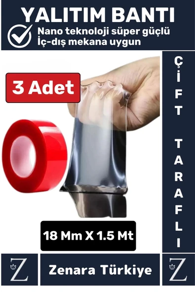 Premium Nano Teknoloji Güçlü Tamir Cam İç Dış Mekan Montaj Çift Taraflı Şeffaf Bant 1.5 Mt X 3 Adet